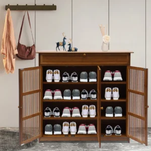 Bamboo 3 Tier Shoe Storage Cabinet with 1 Drawer & Shutter Door Shoes Organizer Rack for 25 Pairs Entryway Hallway Living Room